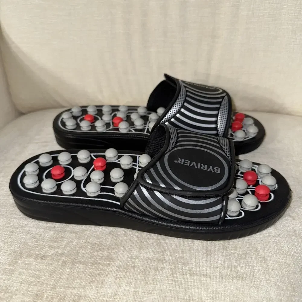 BYRIVER Black Acupressure Foot Massage Slippers Shoes Sandals, Size Medium